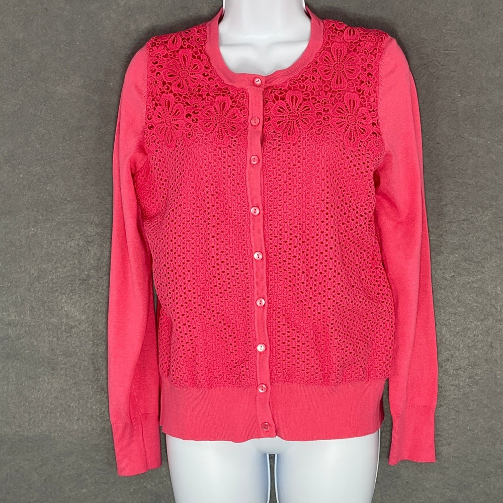 Charter Club Cardigan‎ Sweater Crochet Knit Pink Button Front Lace Overlay Sz M